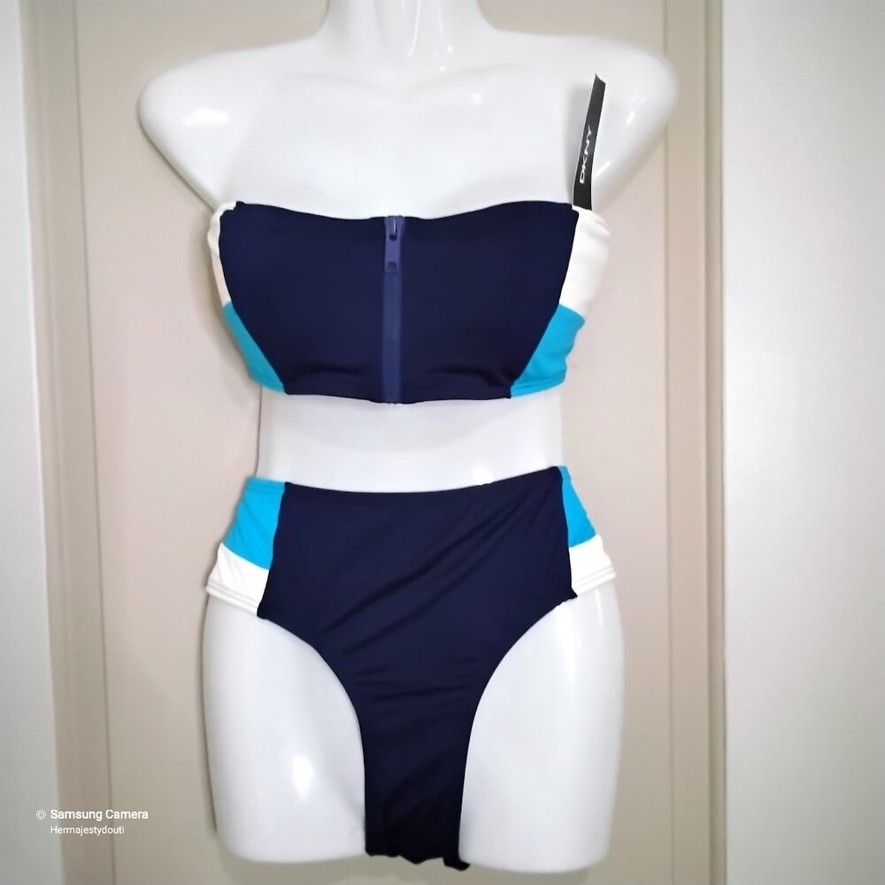 DKNY Blue & White Front Zip Padded Strapless Top & Hipster Bikini Bottom BNWT L